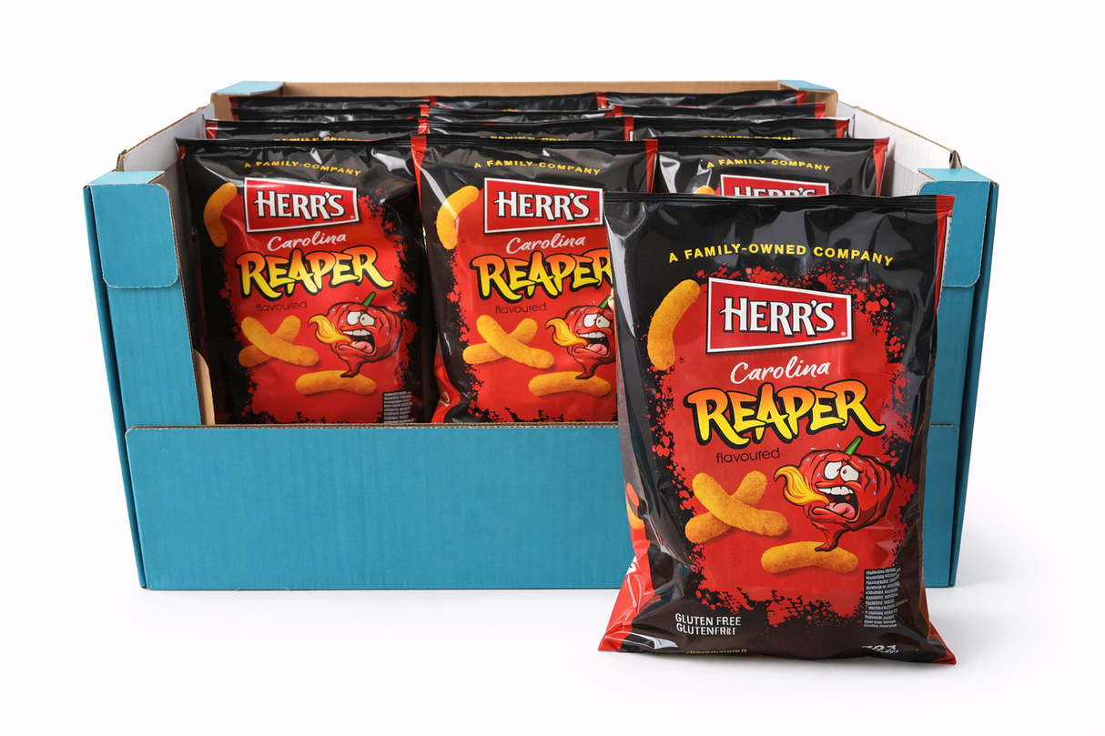 Herr's Carolina Reaper Cheese Curls 70g 18st Storpack Hel Kartong