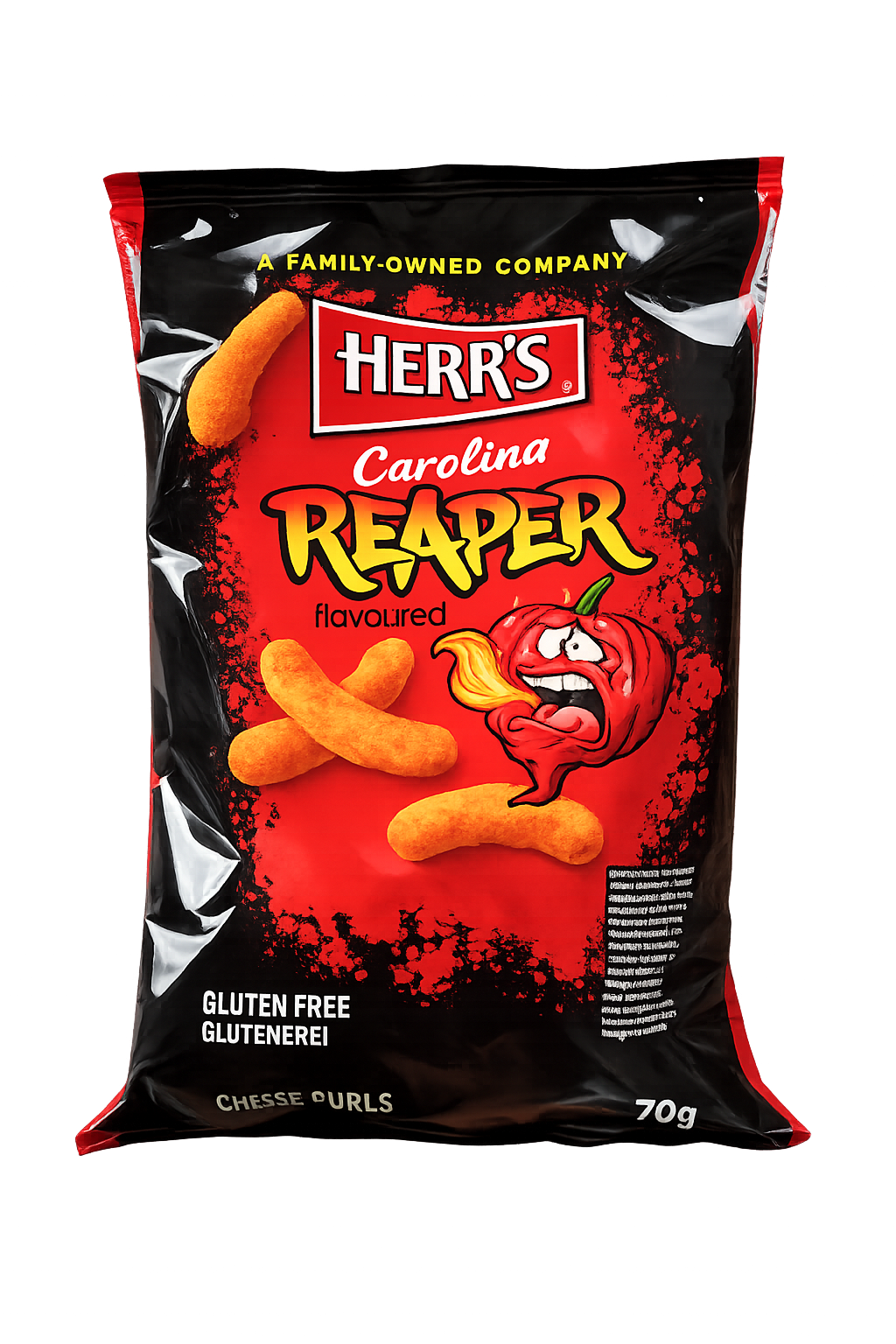 Herr's Carolina Reaper Cheese Curls 70g 18st Storpack Hel Kartong