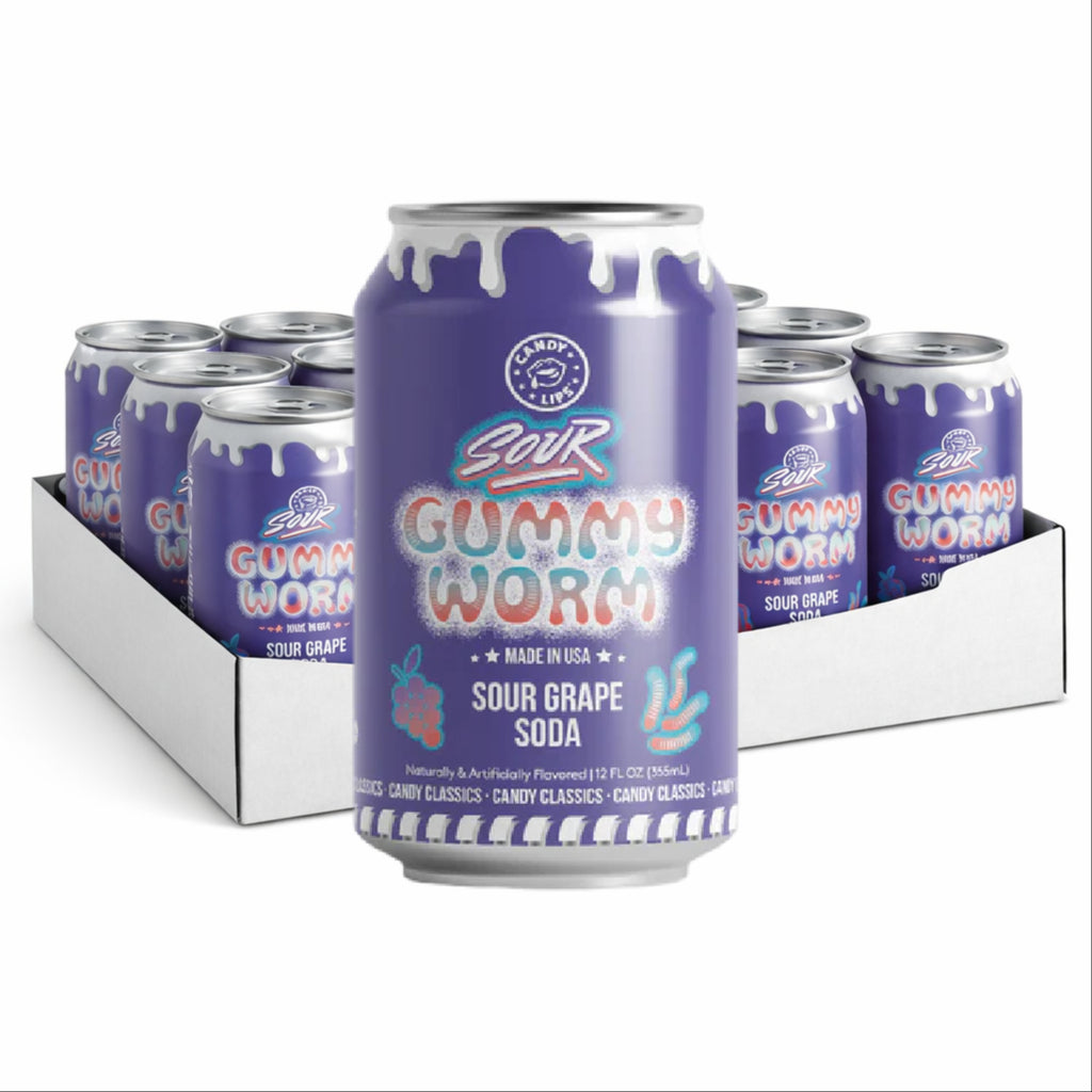 Candy Lips Gummy Worms Sour Grape Soda 355ml 12st Storpack