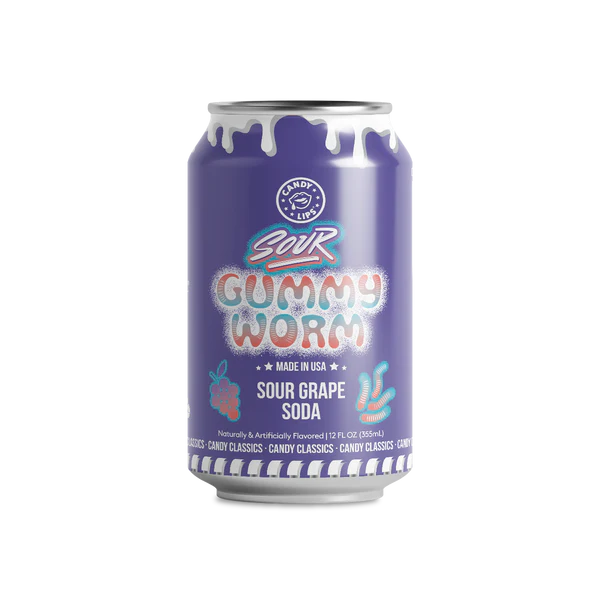 Candy Lips Gummy Worms Sour Grape Soda 355ml 12st Storpack