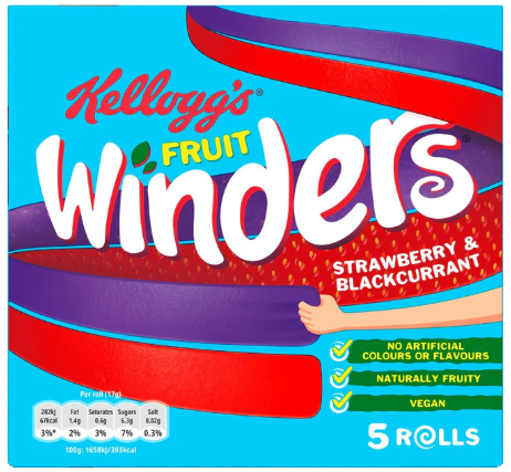 Kelloggs Fruit Winders 85g, Strawberry & Blackcurrant. Vegan